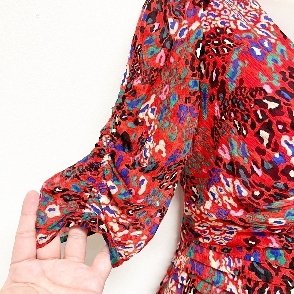 Tanya Taylor Womens Red Leopard Floral Print Pansy Silk Mini Ruffle Dress Sz 2 - Picture 6 of 10